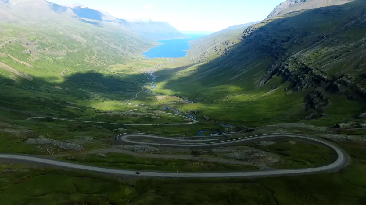 Route sinueuse traversant une vallée verdoyante dans les fjords de l’Est islandais, avec un fjord bleu en arrière-plan. Voyager en camping-car permet d’explorer ces paysages reculés à son rythme.